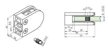 Edelstahl Geländerpfosten eckig 40x40 Bauhöhe 900mm links mit Glasklemmen 63x45mm Geländer Seitenverankerung V2A geschliffen K320